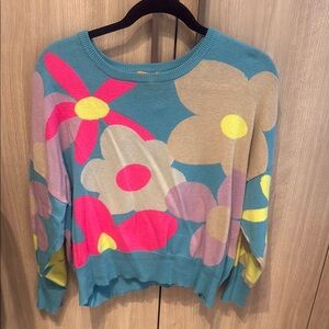Blue and Pink Crew Neck Sweater with Floral Design